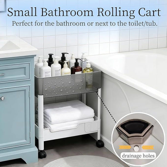 2 Tier Rolling Cart with Wheels for Under Desk Storage, Heavy Duty Plastic Short Small Utility Cart for Small Space Pantry Room Kitchen Laundry Bathroom, 4.7'' Deep Baskets for Tall Bottles