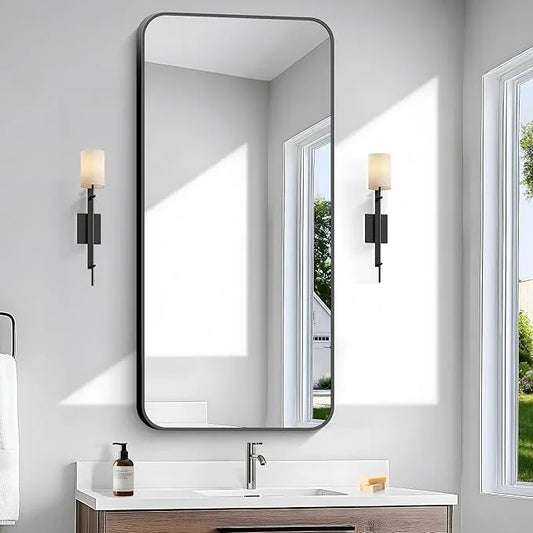 BONEWEI 24x48 inch Bathroom Mirror,Black Rectangle Mirror,Wall Mounted Bathroom Frame Vanity Mirror with Round Corner for Bedroom Living Room, Entryway Hangs Horizontal or Vertical - ModernBath
