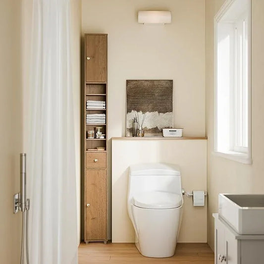 SoBuy Bathroom Narrow Storage Cabinet Skinny Tall Unit with Adjustable Shelves Slender Anti-Tipping Floor Standing Cupboard, Natural BZR34-PF - ModernBath