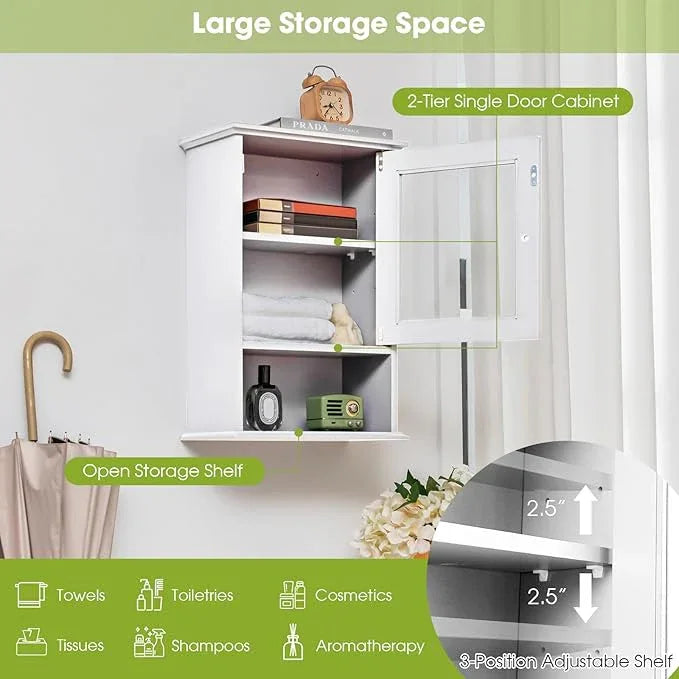 LOKO Bathroom Medicine Cabinet, Over The Toilet Storage Organizer with Adjustable Shelf, Modern Wall Mounted Storage Cabinet with Tempered Glass Door for Living Room, Entryway (White) - ModernBath
