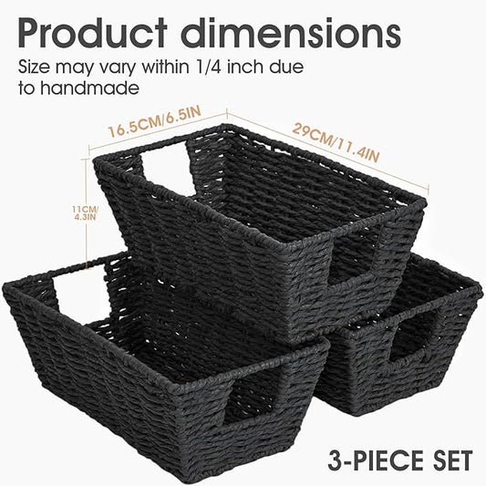Paper Rope Storage Baskets for Shelves Organizing, Small Hand Woven Wicker Organizer Basket with Handle for Bathroom Toilet Paper Storage, Black, 3-Pack