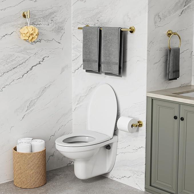 Gold Bathroom Accessories 5 Piece, 24 Inch Bath Hardware, Wall Mounted Brushed Gold Towel Rack, Durable SUS304 Stainless Steel Towel Bar Set - ModernBath