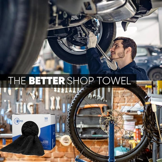 Black Microfiber Shop Towels | MWipes Reusable Shop Rags | 50 Rags in a Box | Super Absorbent, Machine Washable Hundreds of Times | Automotive, Paint, Industrial, Detailing