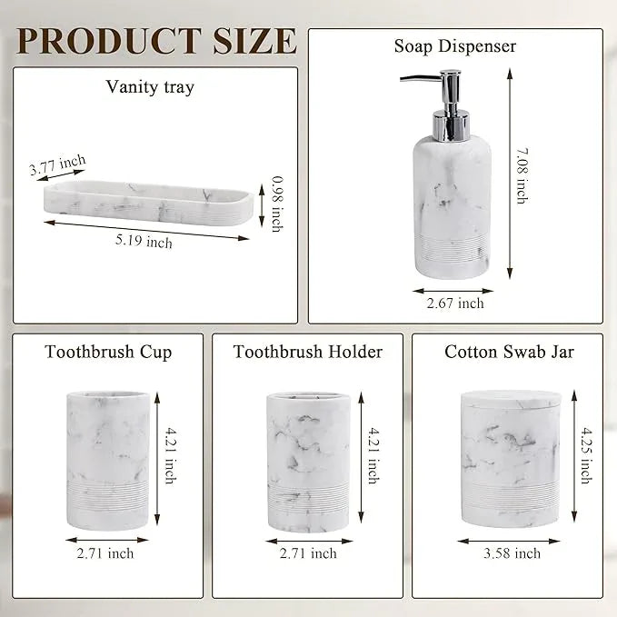 Bathroom Accessories Set, 6-Piece Bathroom Accessory Set, Toothbrush Holders Set, Soap Dispenser, Vanity Tray, Tumbler, Cotton Swab Jars, Bathroom Organizer for Modern Bathrooms (Marble White) - ModernBath