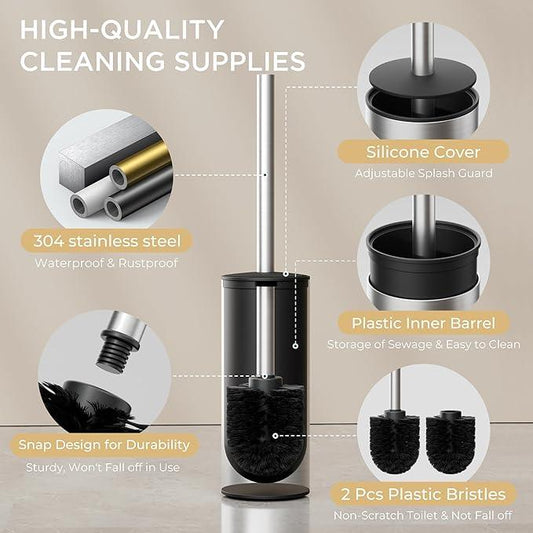 FORIOUS Toilet Brush and Holder Set Brushed Nickel, Heavy Duty 304 Stainless Steel Base and Long Handle Toilet Bowl Cleaners Brush, for Bathroom Storage and Organization, 2 Brush Head - ModernBath