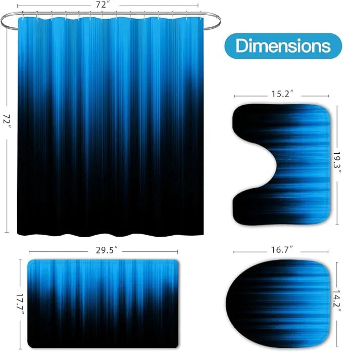 Litabel 4 Pcs Blue and Black Gradient Shower Curtain Set with Rugs and Toilet Lid Cover, Modern Simple Waterproof Fabric Bathroom Set, Ombre Stripe Gothic Abstract Bathroom Decor Set Accessories - ModernBath