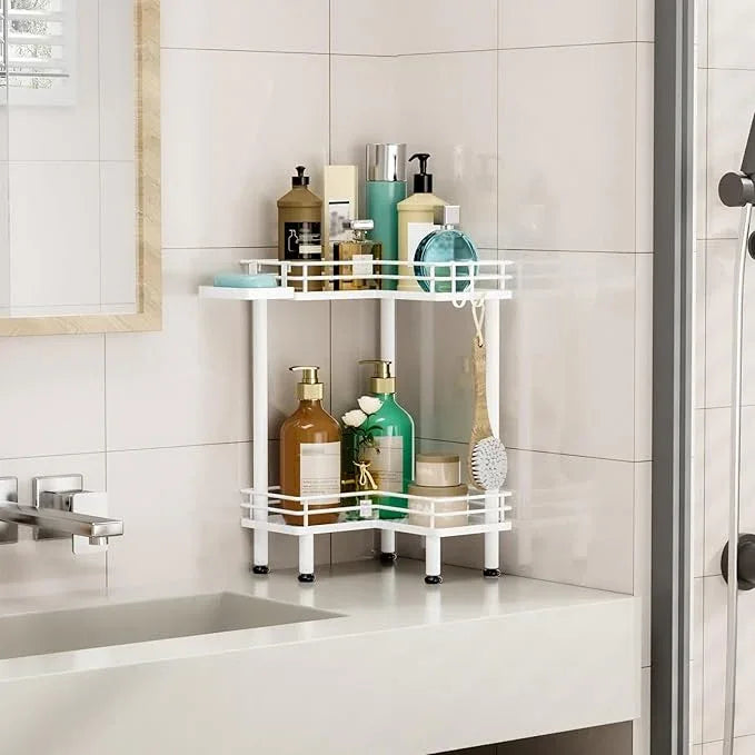 HapiRm Corner Shower Caddy Standing - 2 Tier Shower Organizer Corner with Soap Holder, Rustproof Bathroom Standing Organizer with 2 Hooks, White - ModernBath