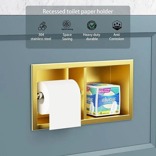 Neodrain Dual Roll Recessed Toilet Paper Holder - 304 Stainless Steel, Hidden in-Wall Design, Simple Loading and Unloading, Space-Saving for Modern Bathrooms(Gold - ModernBath