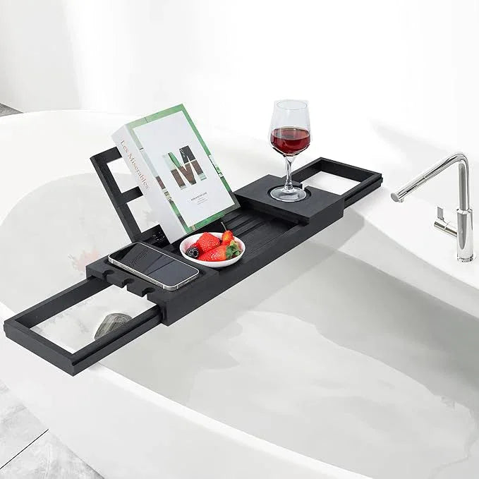 Utoplike Bamboo Bathtub Tray Black, Adjustable Bath Caddy Table for Tub, Bathroom Organizer with Book Tablet Wine Glass Cup Towel Holder - ModernBath