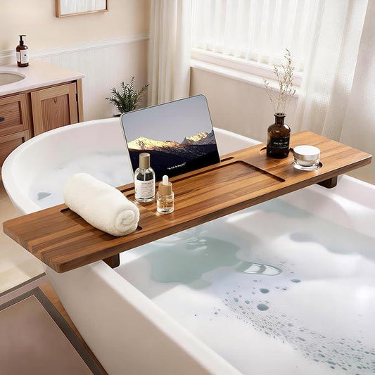 Teak Bathtub Tray - Large Wood Bath Caddy Tray 35" - Luxury Shower Organizer for Freestanding Bath - Adjustable Bathtub Trays for Home Spa Relaxation and Reading - Light Walnut Color - ModernBath