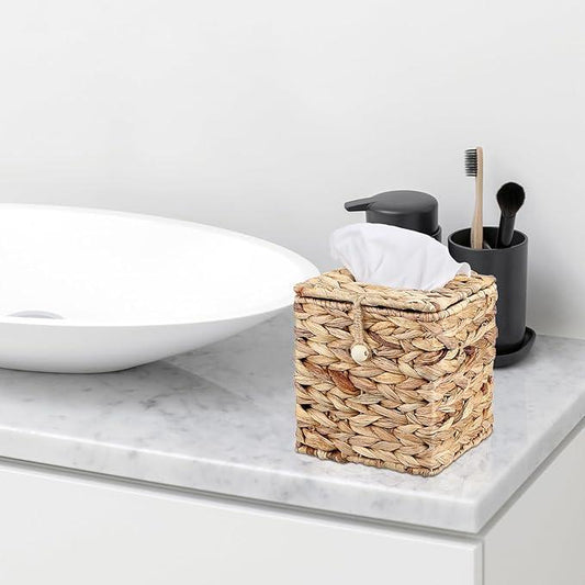 Sumnacon Tissue Box Cover Square Tissue Box with Lid, Wicker Tissue Cover for Home Office Table (Water Hyacinth, Natural) - ModernBath