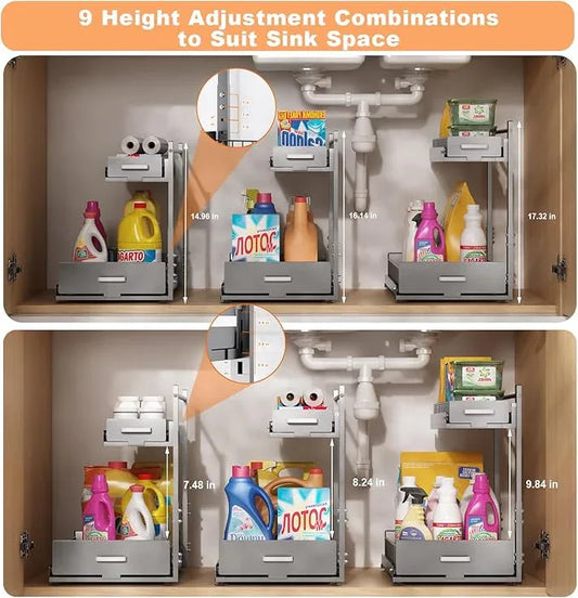 Under Sink Organizer,2 Tier Slide Out Kitchen Cabinet Organizers with Pulley,Under Bathroom Sink Pull Out Organizer with Multiple Height Adjustments for Kitchen and Bathroom Cabinets-Gray - ModernBath