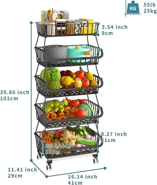 Metal Wire Baskets with Wheels, Stackable Storage Bins Kitchen Organizer Shelf 3-4-5-6 Tier Fruit Vegetable Cart Dishes Seasonal Rack Shelves for Garage, Pantry, Bathroom and Produce holder - ModernBath