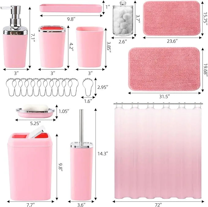 XLHOMO Bathroom Accessory Set–Bathroom Sets with Shower Curtain and Rugs, Non Slip Bathroom Rugs Super Absorbent, Pink Ombre Waterproof Shower Curtain with Hooks, Pink Bathroom Sets Complete for Home - ModernBath
