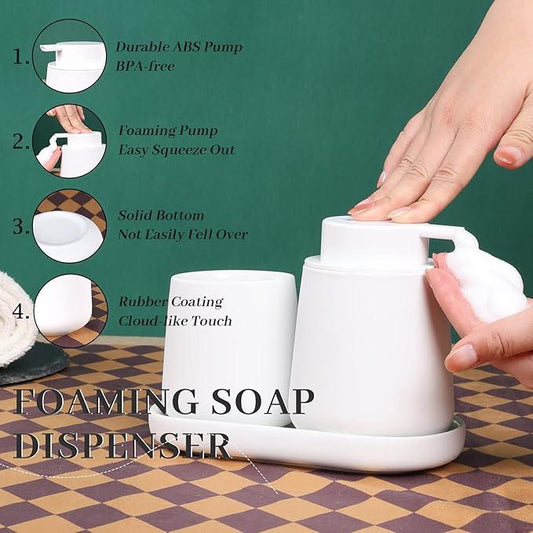 BosilunLife Bathroom Accessories Set 3 pcs - Bathroom Ceramic Foaming Soap Dispenser Set Farmhouse White Bathroom Decor, Foam Soap Dispenser and Toothbrush Holder/Tumbler Cup, Tray - ModernBath