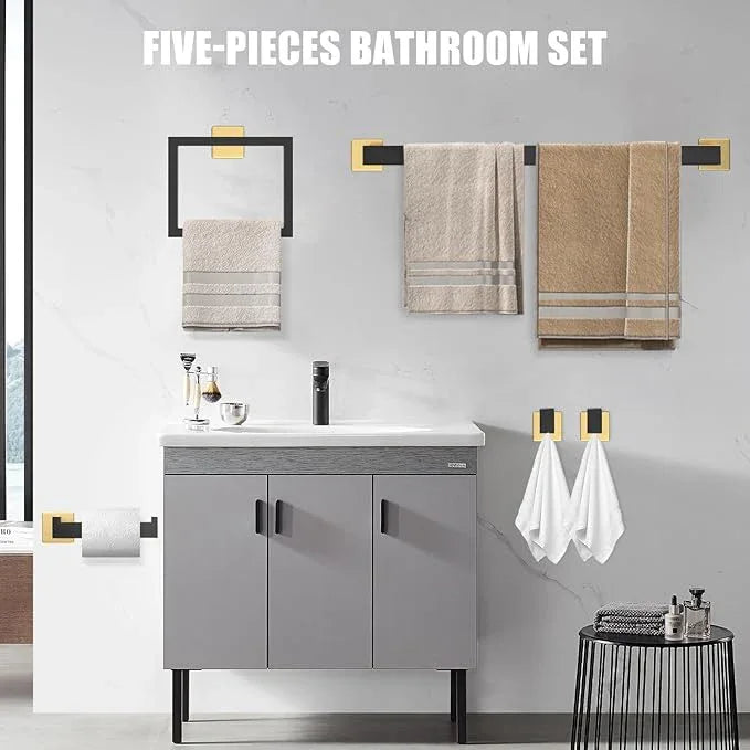 5 Piece Black and Gold Towel Bar Set - Gold and Black Bathroom Accessories with 2 Towel Hook, Stainless Steel Wall Mounted Bathroom Towel Rack Set - Square 16-Inch - ModernBath