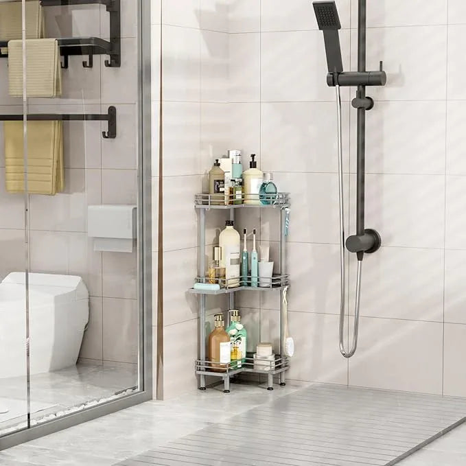 HapiRm Corner Shower Caddy Standing - 3 Tier Shower Organizer Corner with Soap Holder, Rustproof Bathroom Standing Organizer with 4 Hooks, Grey - ModernBath