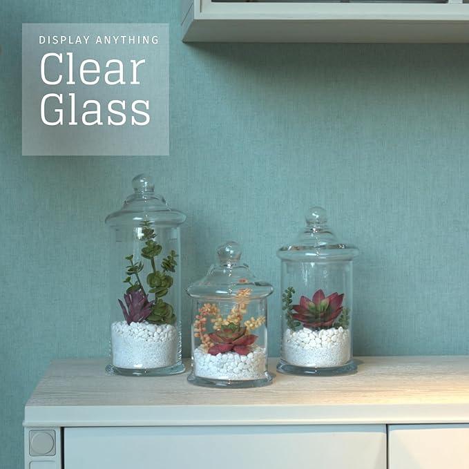 Set of 3 Glass Apothecary Jars with Lids, Clear Bathroom Storage Organizer Canister Set for Qtips, Cotton Swabs, Cotton Balls, Bath Salts (H: 11", 8.5", 7.5", D: 5"; 23 FL.OZ, 34 FL.OZ and 45 FL.OZ) - ModernBath