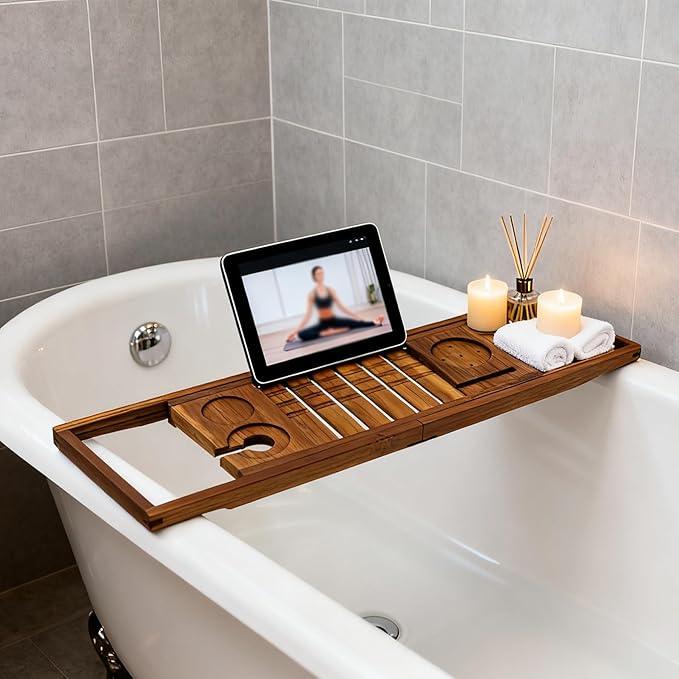 Utoplike Teak Bathtub Caddy Tray Bath Tray for Tub, Unique Bathtub Organizer with Book Tablet Wine Glass Cup Towel Holder, Adjustable, for Your Loved - ModernBath