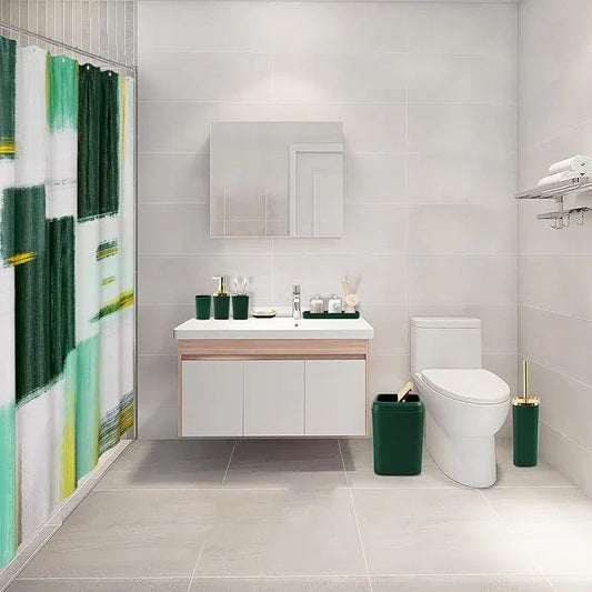 XLHOMO Green and Gold Bathroom Accessories Set, Bathroom Sets with Shower Curtain, Green Bathroom Accessories with Trash Can, Soap Dispenser, Soap Dish, Toilet Brush Holder, Qtip Holders - ModernBath