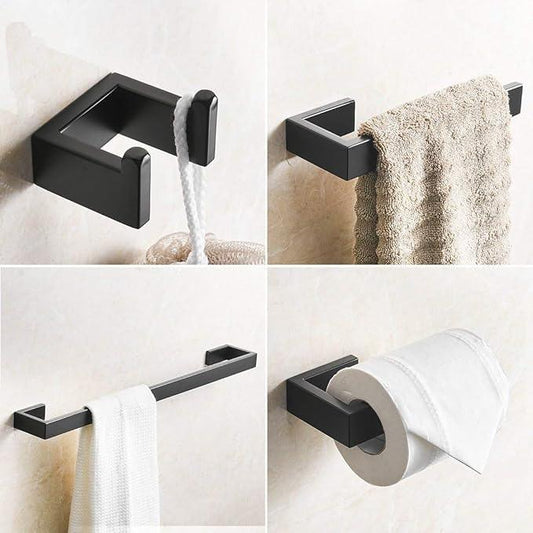 Fapully 4-Piece Bathroom Hardware Accessory Set with 24" Towel Bar Towel Ring Paper Holder Robe Hook Matte Black - ModernBath
