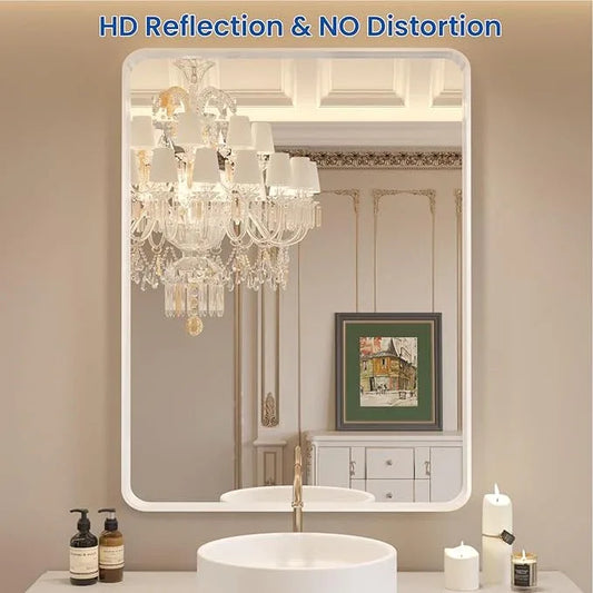 WEER White Bathroom Mirror 20X30 Inch, Rounded Rectangle White Metal Frame Mirror, Matte White Bathroom Vanity Mirror with Tempered Glass, Anti-Rust, Hangs Horizontally or Vertically - ModernBath