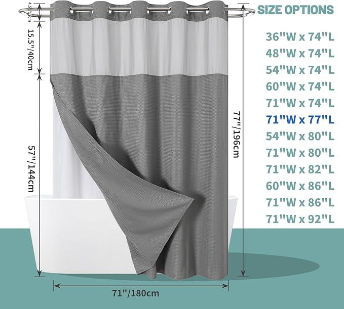 eachope Grey No Hook Waffle Weave Shower Curtain with snap-in Liner Replacement, 230GSM Waterproof Fabric Hotel Shower Curtain Set for Bathroom, Through Mesh Top Window,71Wx77H - ModernBath
