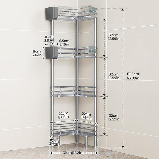 Orimade Rustproof 4 Tier Floor Standing Corner Shower Caddy Organizer with Toothbrush Holder, Large Spacing Floor Shower Shelf Rack Storage Stands with Hooks for Bathroom Kitchen, Silver - ModernBath