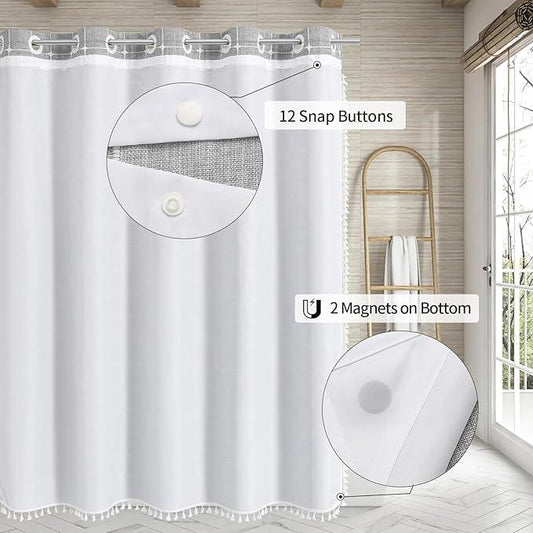 MitoVilla No Hooks Needed Boho Farmhouse Shower Curtain with Snap-in Liner, Cotton Linen Fabric Shower Curtains with Tassels for Rustic Neutral Bathroom Decor, Grey, 72 x 74 - ModernBath