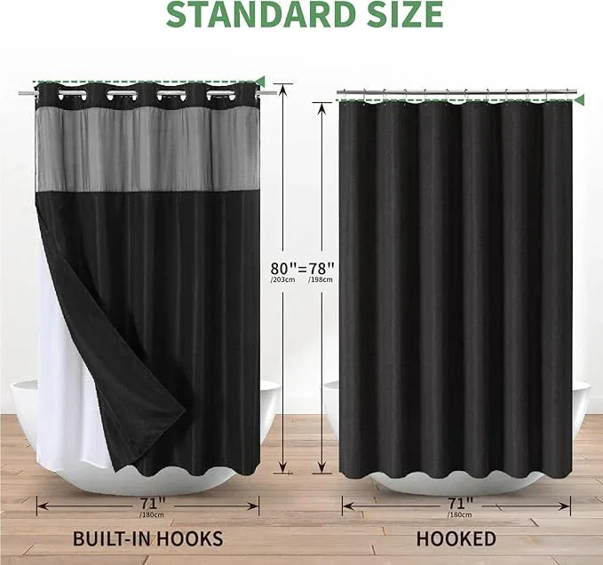 eachope Black Long No Hook Shower Curtain with Snap-in Fabric Liner Set,Slub Textured Fabric Shower Curtains for Bathroom,Hotel Style Modern Shower Curtain,Water Repellent & Washable,71x80(78) - ModernBath