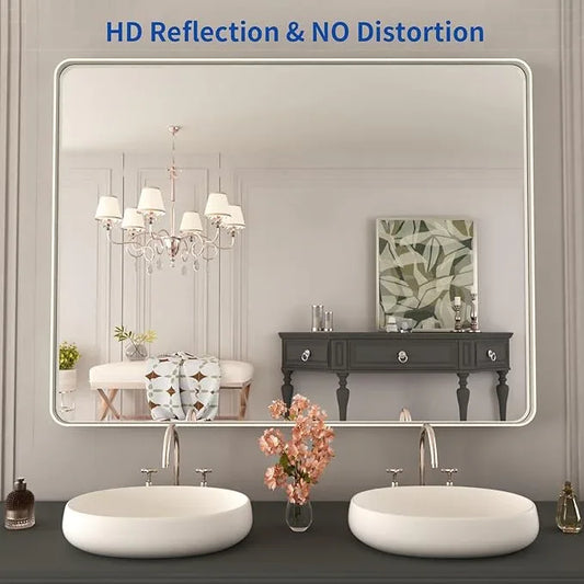 WEER 40X30 Inch Brushed Nickel Bathroom Mirror, Brushed Silver Metal Frame Mirror, Rounded Rectangle Silver Bathroom Vanity Mirror, Tempered Glass, Anti-Rust, Hangs Horizontally or Vertically - ModernBath