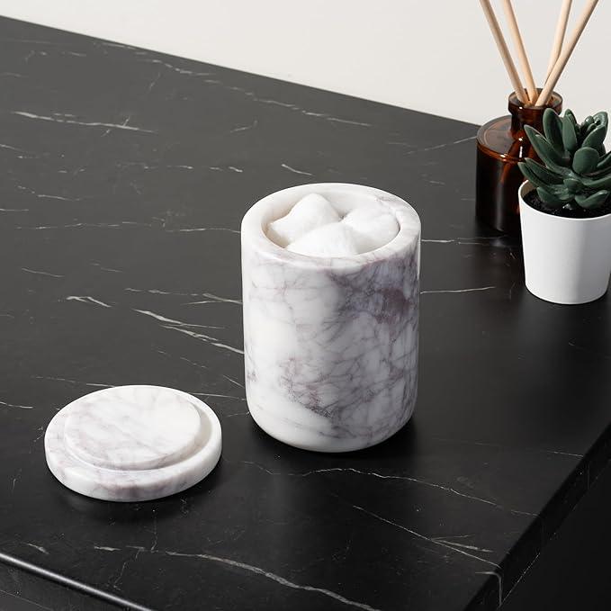 Cork & Mill Marble Bathroom Accessories Set, Complete 3 Piece Set with Soap Dispenser, Toothbrush Holder & Canister with Lid for Qtips, White Marble Bath Countertop Vanity Decor Organizer - ModernBath