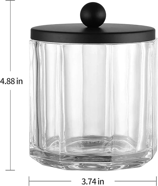 Indecor Home Clear Transparent Apothecary Octagional Shaped Glass Canister Jar With Matte Black Metal Lid Cover for Bathroom Organization, Cotton Balls, Q Tips, and Small Accessories, Bath Storage - ModernBath
