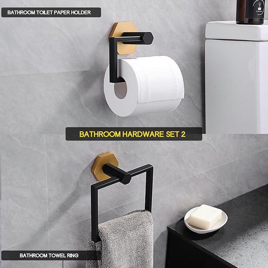 GERZWY Bathroom Hardware Accessories Sets 2-Pieces Stainless Steel - Toilet Paper Holder Towel Ring (Black & Gold) - ModernBath