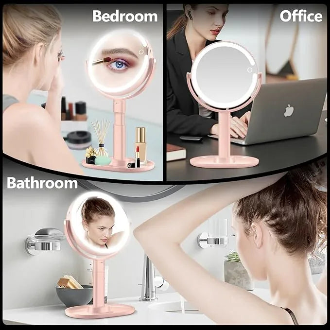 MIYADIVA Makeup Mirror with Lights, 30X Magnifying Mirror with Light and Touch Switch, Vanity Mirror with 3 Color Light and 80 LEDs, Height Adjustable Desk Mirror with Light, Pink - ModernBath