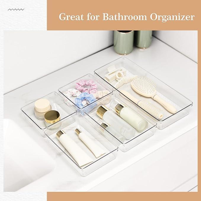 Criusia Drawer Organizer, 12 Pack Clear Plastic Kitchen Drawer Organizers Set,4-Size Versatile Bathroom and Vanity Organizer Trays,Storage Bins for Makeup, Bathroom, Jewelries and Office - ModernBath