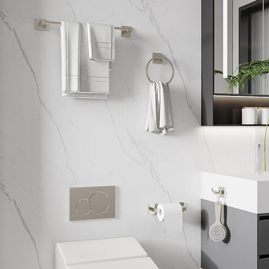 Ruacq 4pcs Bathroom Hardware Set-Toilet Paper Holder-Towel Ring -Towel Hooks for bathrooms-18 Inch Towel Bar Stainless Steel Wall Mounted, Bathroom Accessories Set (Brushed Nickel)