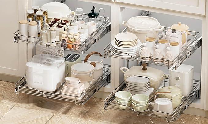 DINDON 2 Tier Pull Out Cabinet Organizer (20" W X 21" D), Double Tier Wire Basket Slide Out Shelf Storage for Kitchen Base Cabinet Organization for Kitchen, Pantry, Bathroom, Chrome - ModernBath