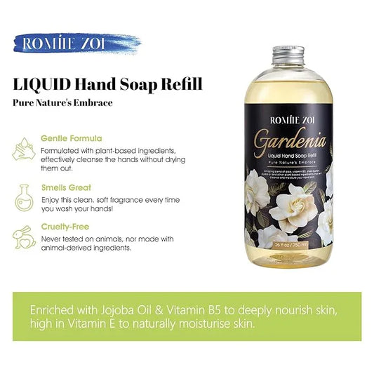 ROMIIE ZOI Liquid Hand Soap Refills, Gardenia, Gentle & Moisturizing Formula, 750 ML/ 26 FL.OZ - ModernBath