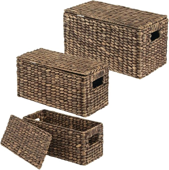 mDesign Woven Water Hyacinth Rectangle Storage Organizer Basket Bin with Topper Lid and Handles - Natural Farmhouse Holder Containers for Closet, Bedroom, Bathroom, Office - Set of 3 - Dark Brown