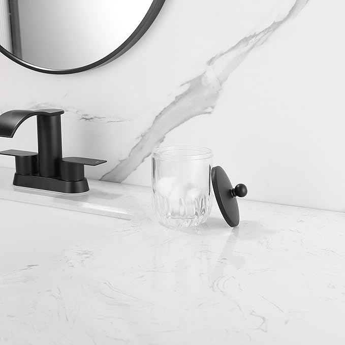 Indecor Home Glass Jar with Metal Lid for Bathroom Organization, Clear Apothecary Jar for Cotton Balls, Q Tips, and Small Accessories, Stylish Bathroom Storage Container Black