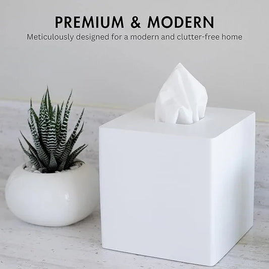 Yew Design Matte White Square Tissue Box Cover, Decorative Tissue Box Dispenser for Bathroom, Parlors, Office, Bedroom Dresser, Vanity Countertop, Nightstand, Car, and Desk - ModernBath