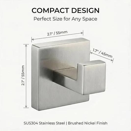 Hiuqixe Brushed Nickel Hand Towel Hook 2-Pack, Geometric Series - Stainless Steel Towel Hooks for Bathrooms, Modern Wall Mount Bath Towel Holder with Industrial SUS304 Core - ModernBath