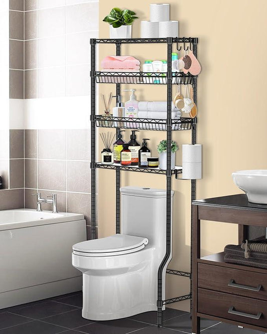 Bathroom Organizer Over The Toilet Storage, 4-Tier Metal Bathroom Over Toilet Storage Shelf Rack Freestanding Space Saver with Adjustable Shelves and Baskets, Black - ModernBath