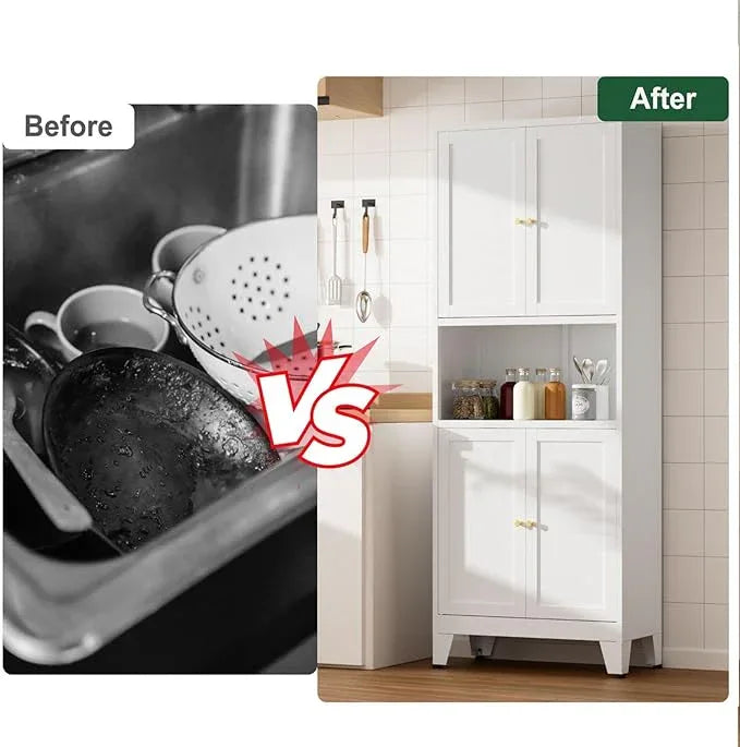 Metal Kitchen Pantry Cabinet, 69" Tall Storage Cabinet with 4 Doors and 3 Adjustable Shelves, Freestanding Cupboards for Dining Room, Living Room, Bathroom (White, 69" H) - ModernBath