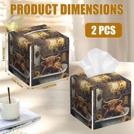 Highland Cow Sunflower Tissue Box Cover 2PCS, Leather Tissue Box Holder Square Facial Paper Case Tissue Box Cube Organizer for Bathroom Bedroom Desk Office