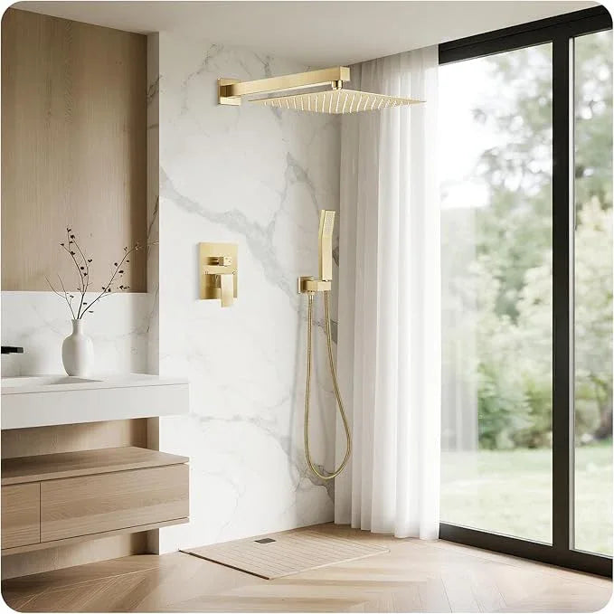 RNDIOZD Gold Shower Faucet Set, 10 inch Rain Shower System with Pressure Balance Valve, Wall Mounted 2-Functions Bathroom Shower Systems with Rain Shower and Handheld Spray Shower Trim Included - ModernBath