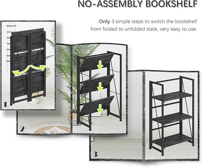 4NM No Assembly Folding Bookshelf Storage Shelves 3 Tiers Vintage Bookcase Standing Racks Study Organizer Home Office (Gray Black) - ModernBath