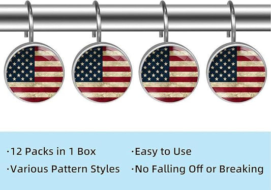 Rustic American Flag Shower Curtain Hooks Set of 12 Rustproof Metal Shower Hooks for Curtains Rods Shower Curtain Rings for Bathroom Living Room Bedroom Decor - ModernBath