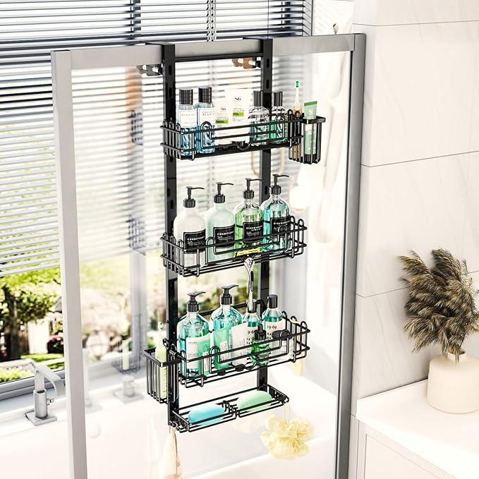 HapiRm 4 Tier Over the Door Shower Caddy, Hanging Shower Caddy with 22 Hooks and 2 Toothbrush Holders, No Drilling Adjustable Hanging Bathroom Organizer - Black - ModernBath